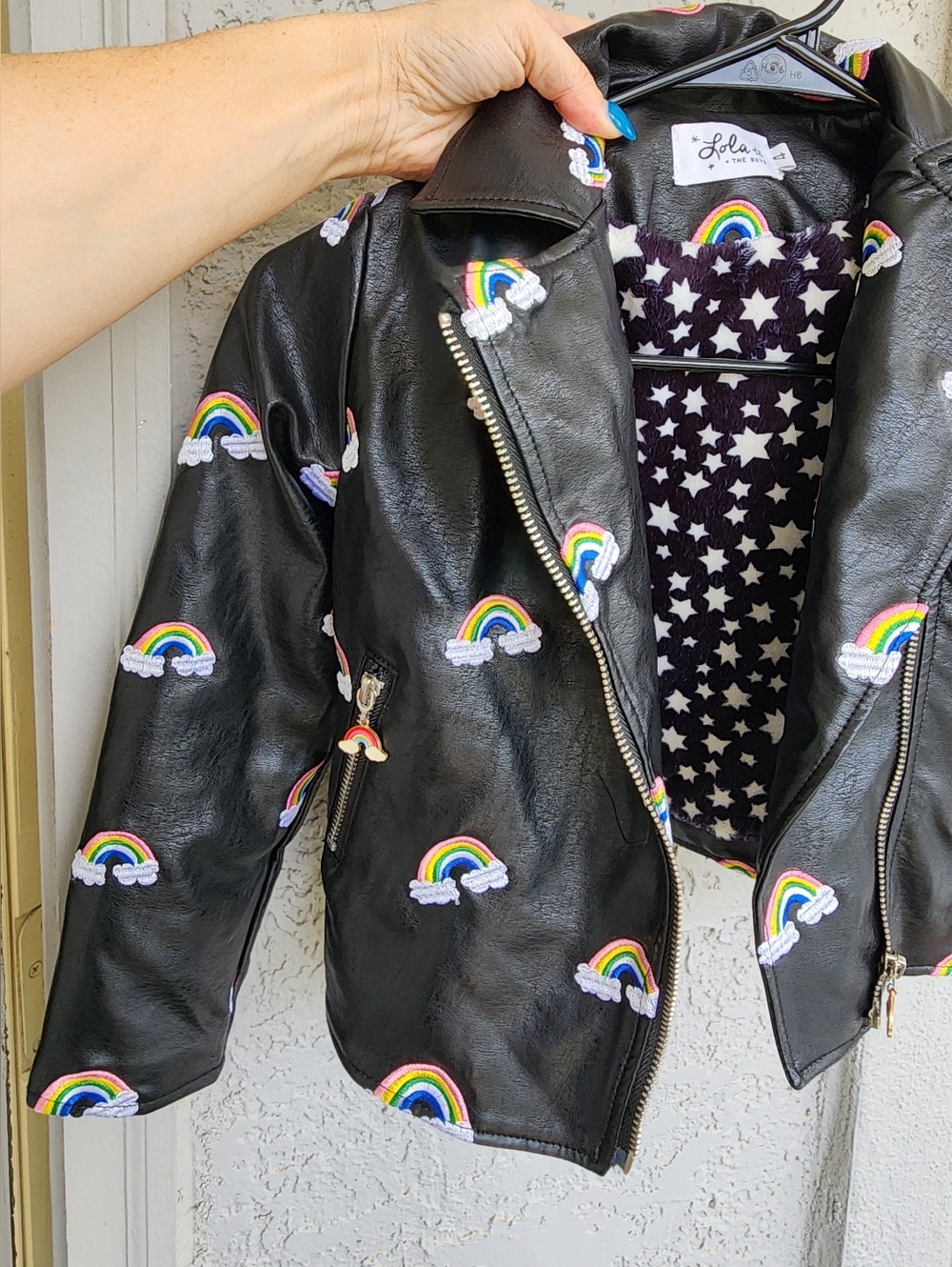 Lola The Boys Girls' Black Rainbow Embroidered Moto Jacket B12 - Picture 5 of 9